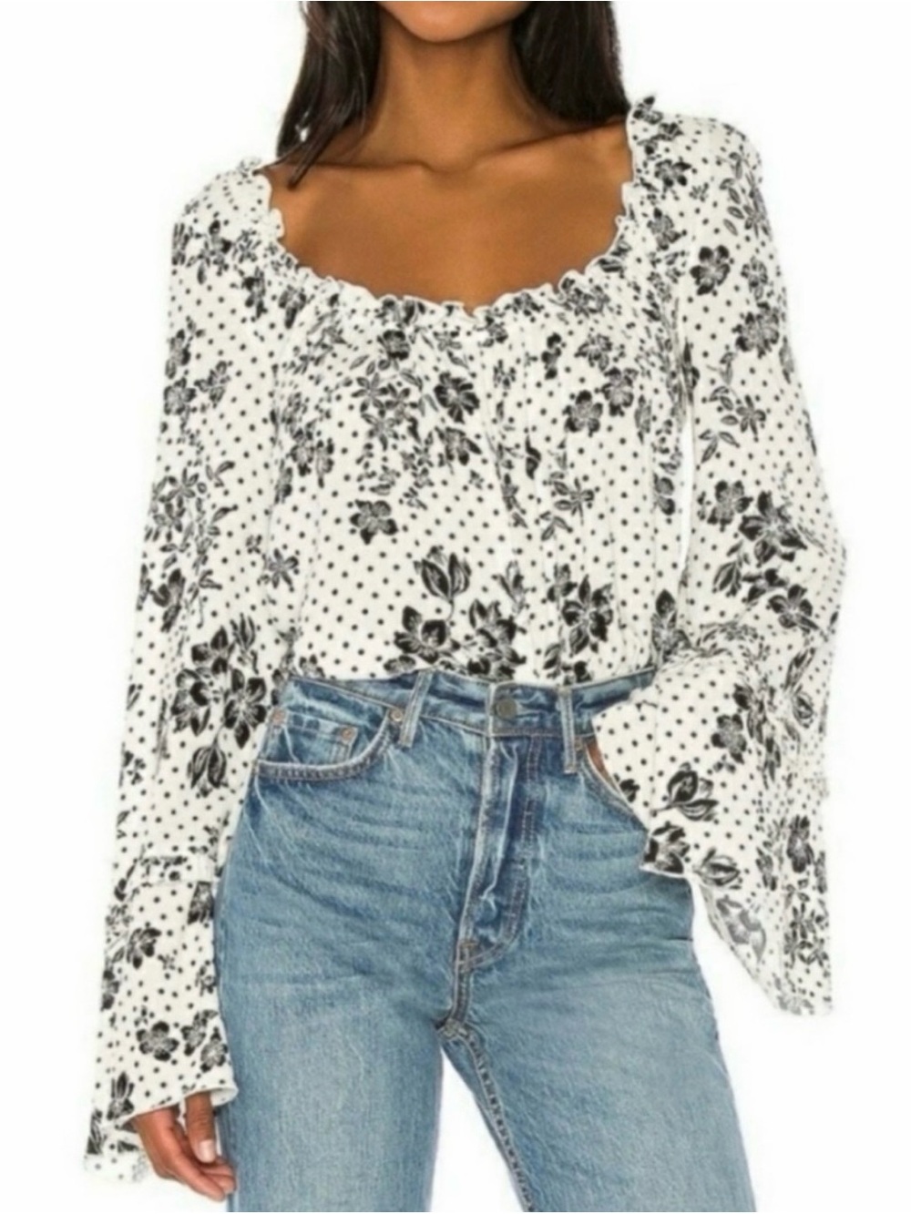 Free People White Floral Dot Long Sleeve Peasant Top